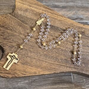 Rosary Gold Plated Faceted Pink Beads Fatima Modern Cross Pendant